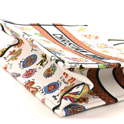 Canvas Embroidered Dragon Zodiac Medium Book Tote White Multicolor