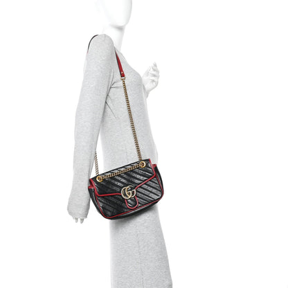 Vintage Effect Calfskin Matelasse Diagonal Small Torchon GG Marmont Shoulder Bag Black Romantic Cherry