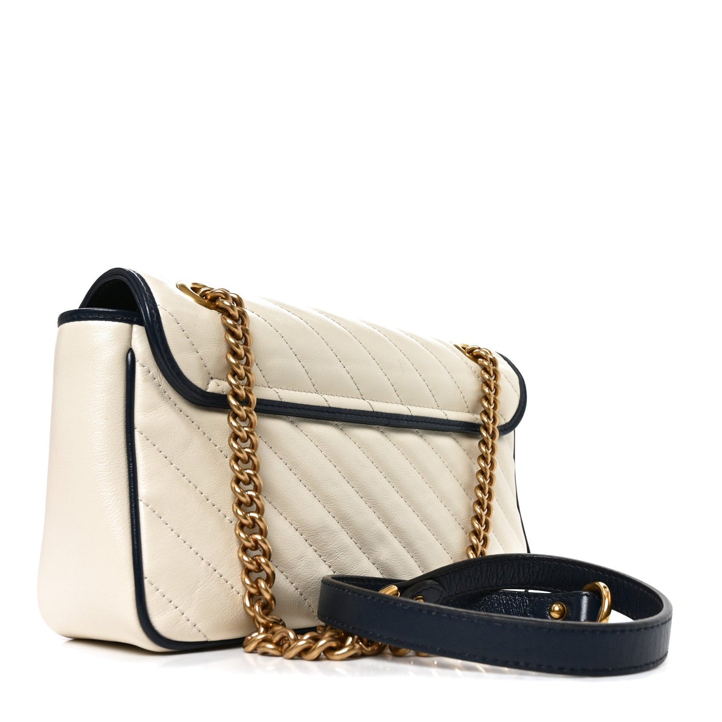 Vintage Effect Calfskin Matelasse Diagonal Small Torchon GG Marmont Shoulder Bag Mystic White Blue Agata