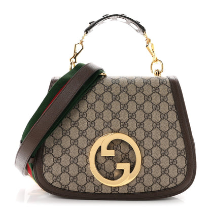 GG Supreme Monogram Textured Dollar Calfskin Web Medium Blondie Top Handle Shoulder Flap Bag Beige Ebony New Acero