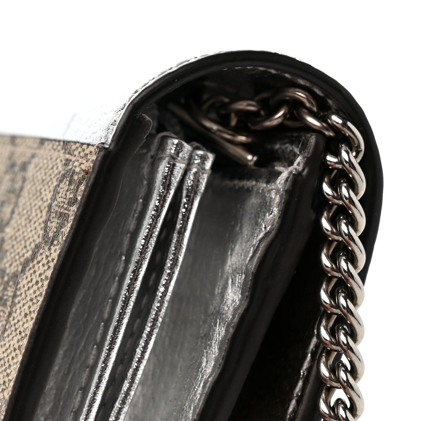 Metallic Calfskin GG Supreme Monogram Petite GG Marmont Wallet Chain Bag Silver Beige Ebony