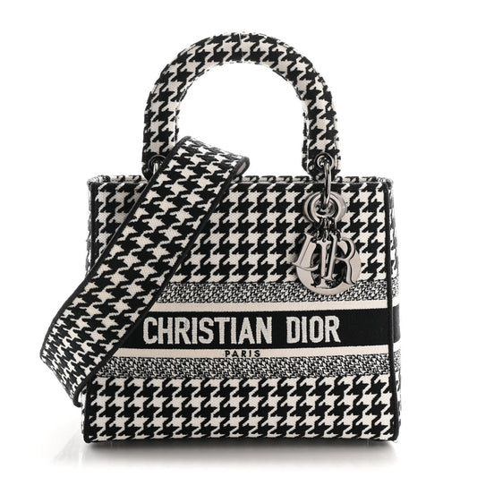 Canvas Houndstooth Embroidered Medium Lady D-Lite Black White