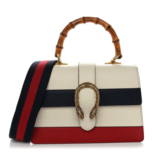 Calfskin Bamboo Web Medium Dionysus Top Handle Bag White Blue Hibiscus Red