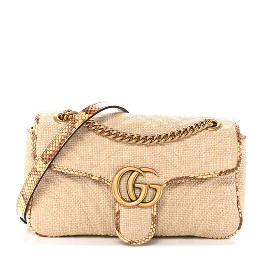Raffia Elaphe Matelasse Small GG Marmont Shoulder Bag Natural Cream Brown