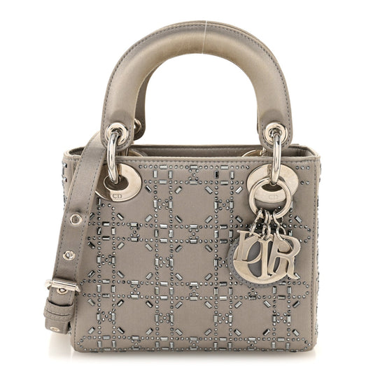 Satin Crystal Cannage Mini Lady Dior Gray