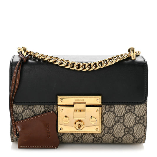 GG Supreme Monogram Calfskin Small Padlock Shoulder Bag Beige Black Cuir