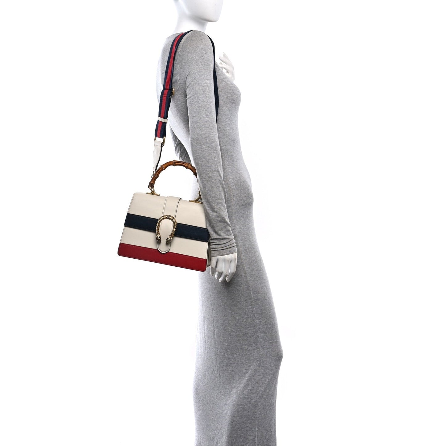 Calfskin Bamboo Web Medium Dionysus Top Handle Bag White Blue Hibiscus Red