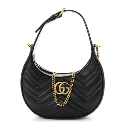 Calfskin Matelasse Chevron Mini GG Marmont Half Moon Hobo Black