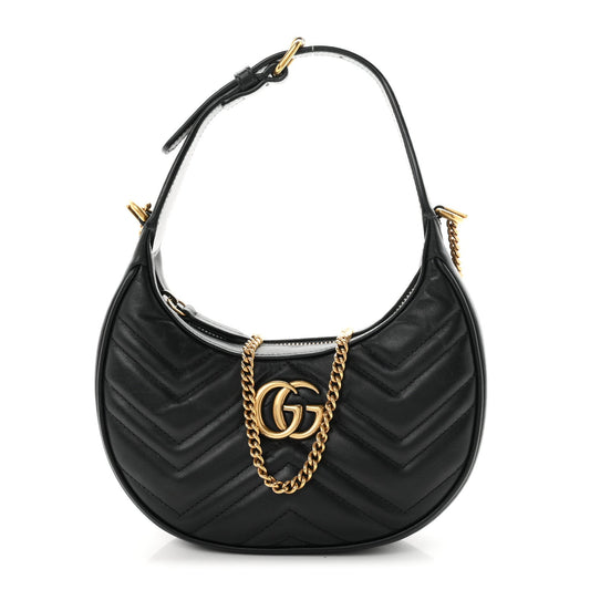 Calfskin Matelasse Chevron Mini GG Marmont Half Moon Hobo Black