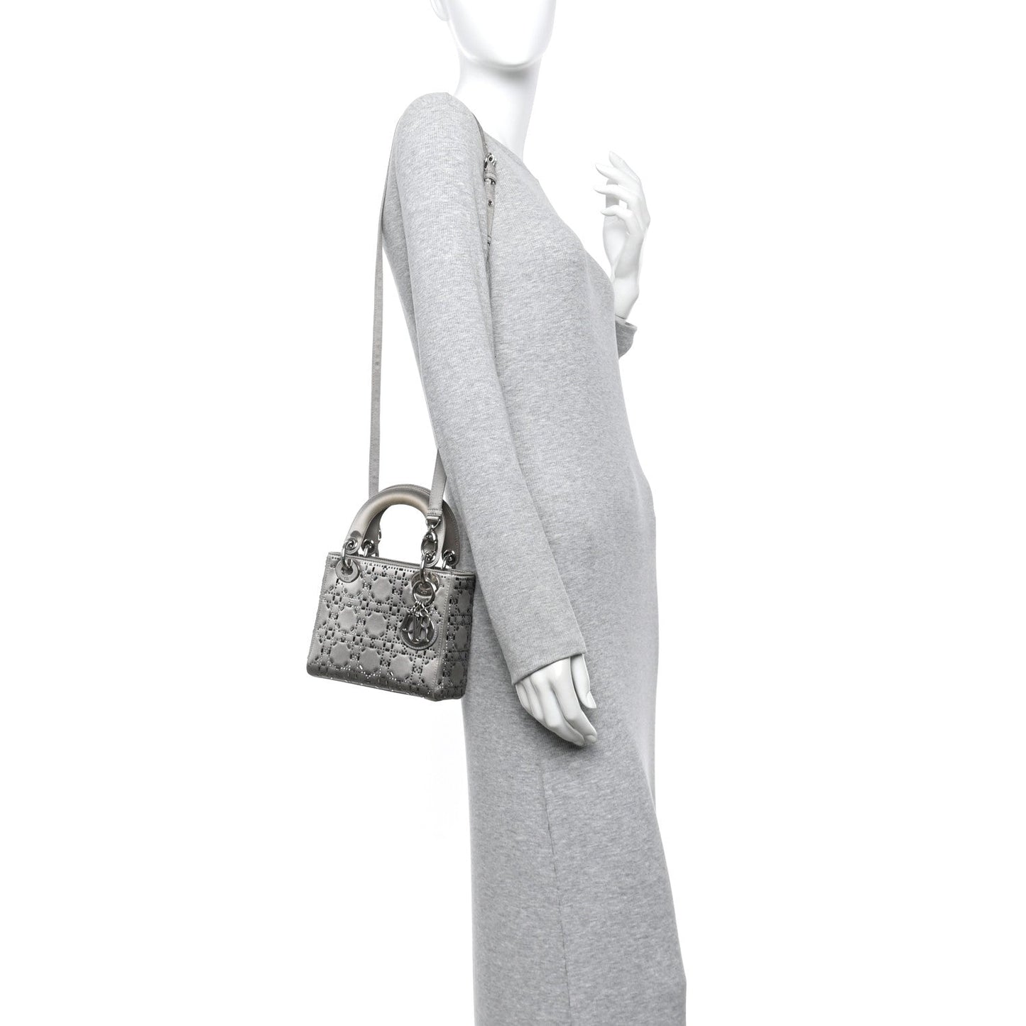Satin Crystal Cannage Mini Lady Dior Gray