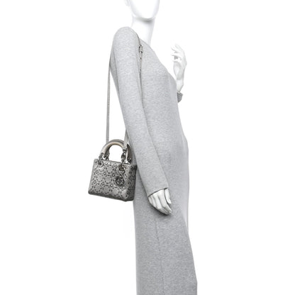 Satin Crystal Cannage Mini Lady Dior Gray