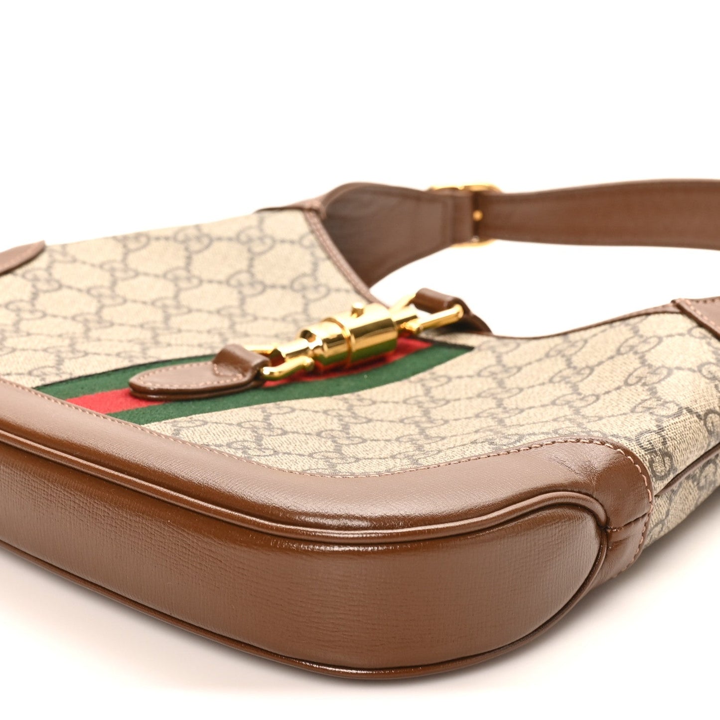 GG Supreme Monogram Azalea Calfskin Web Small Jackie 1961 Hobo Beige Ebony Brown Sugar