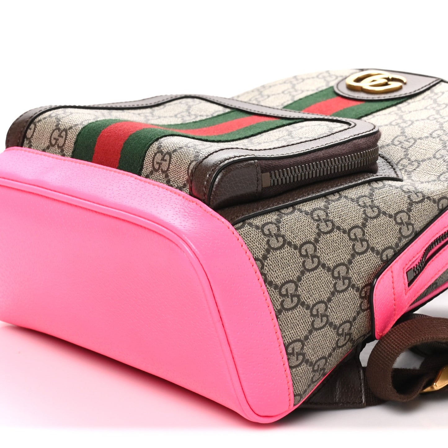 GG Supreme Monogram Textured Dollar Calfskin Web Small Ophidia Day Backpack Beige Ebony Fluorescent Fuchsia