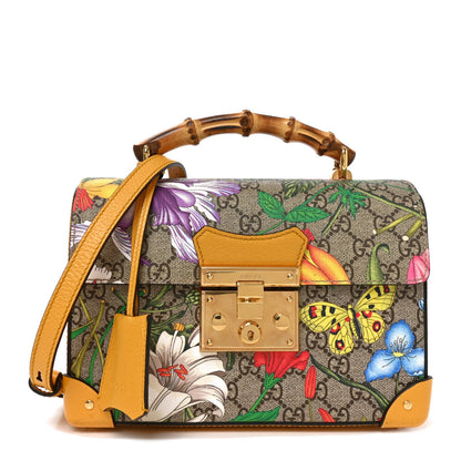 GG Supreme Monogram Flora Small Padlock Bamboo Shoulder Bag Beige Multicolor Crop