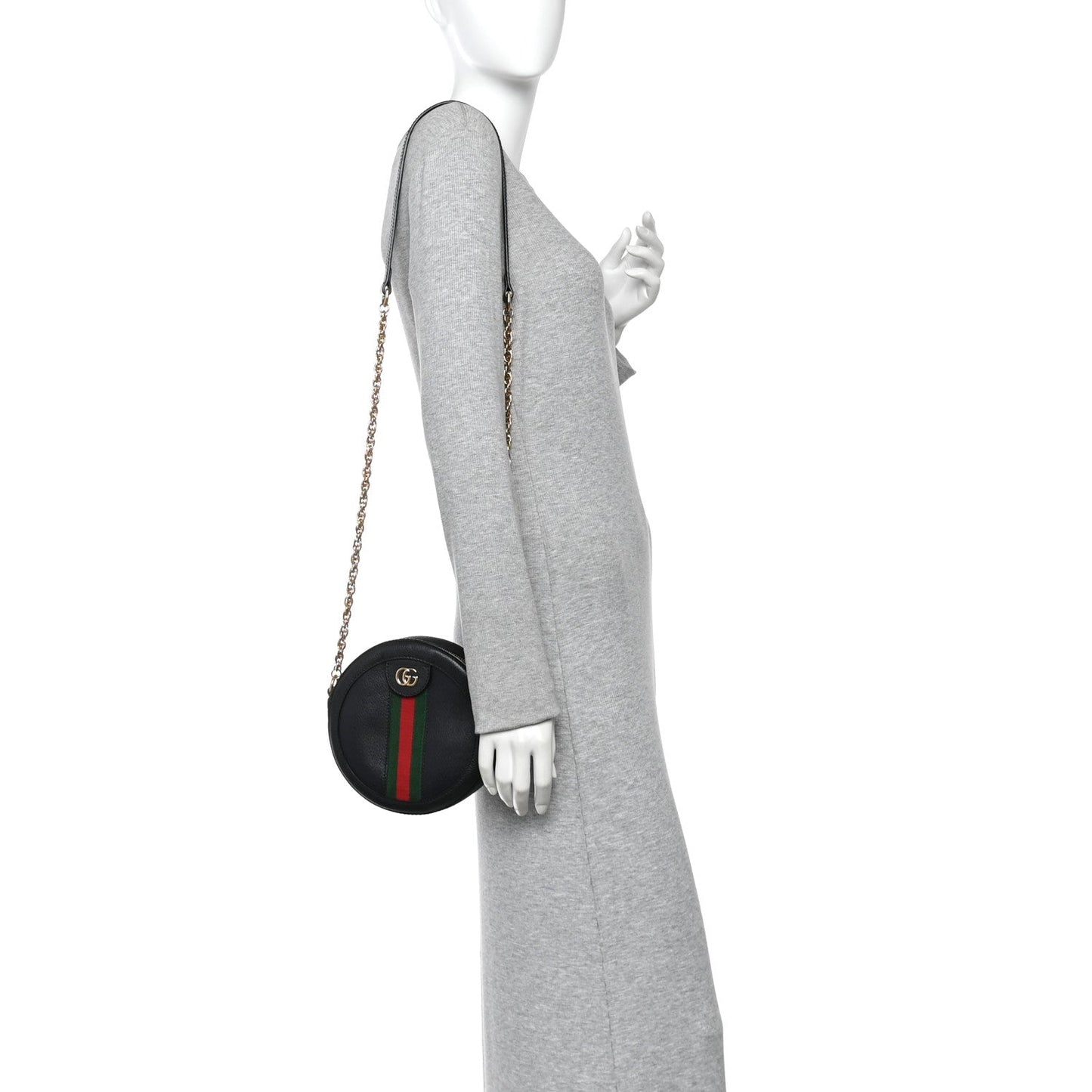 Grained Calfskin Web Mini Ophidia Round Shoulder Bag Black