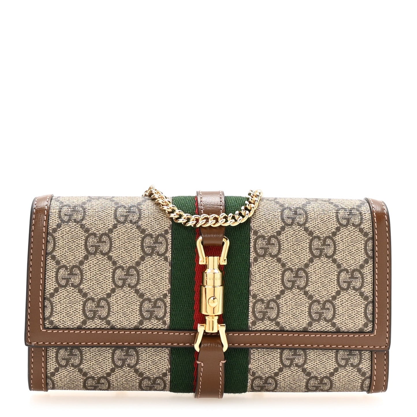 GG Supreme Monogram Azalea Calfskin Web Jackie 1961 Chain Wallet Beige Ebony Brown Sugar
