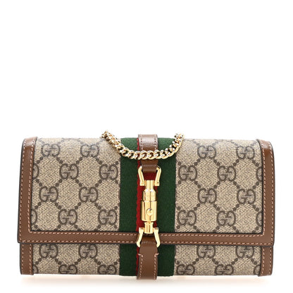 GG Supreme Monogram Azalea Calfskin Web Jackie 1961 Chain Wallet Beige Ebony Brown Sugar