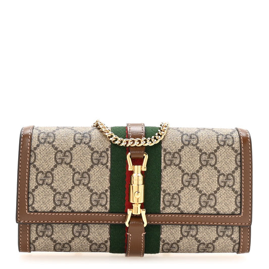 GG Supreme Monogram Azalea Calfskin Web Jackie 1961 Chain Wallet Beige Ebony Brown Sugar