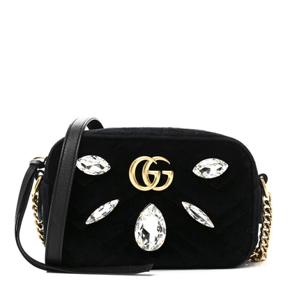 Velvet Matelasse Marquise Crystals Mini GG Marmont Chain Shoulder Bag Black