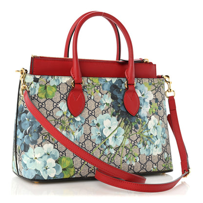 GG Supreme Monogram Blooms Small Zip Top Tote Beige Blue Navy Hibiscus Red