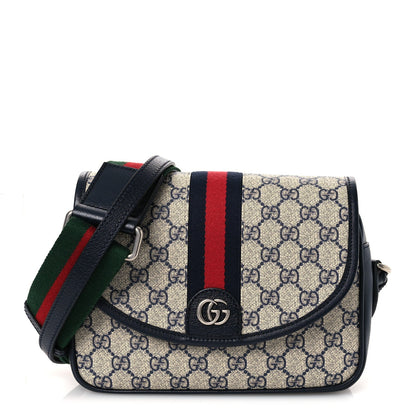 GG Supreme Monogram Textured Dollar Calfskin Web Studded Mini Ophidia Flap Shoulder Bag Beige Blue