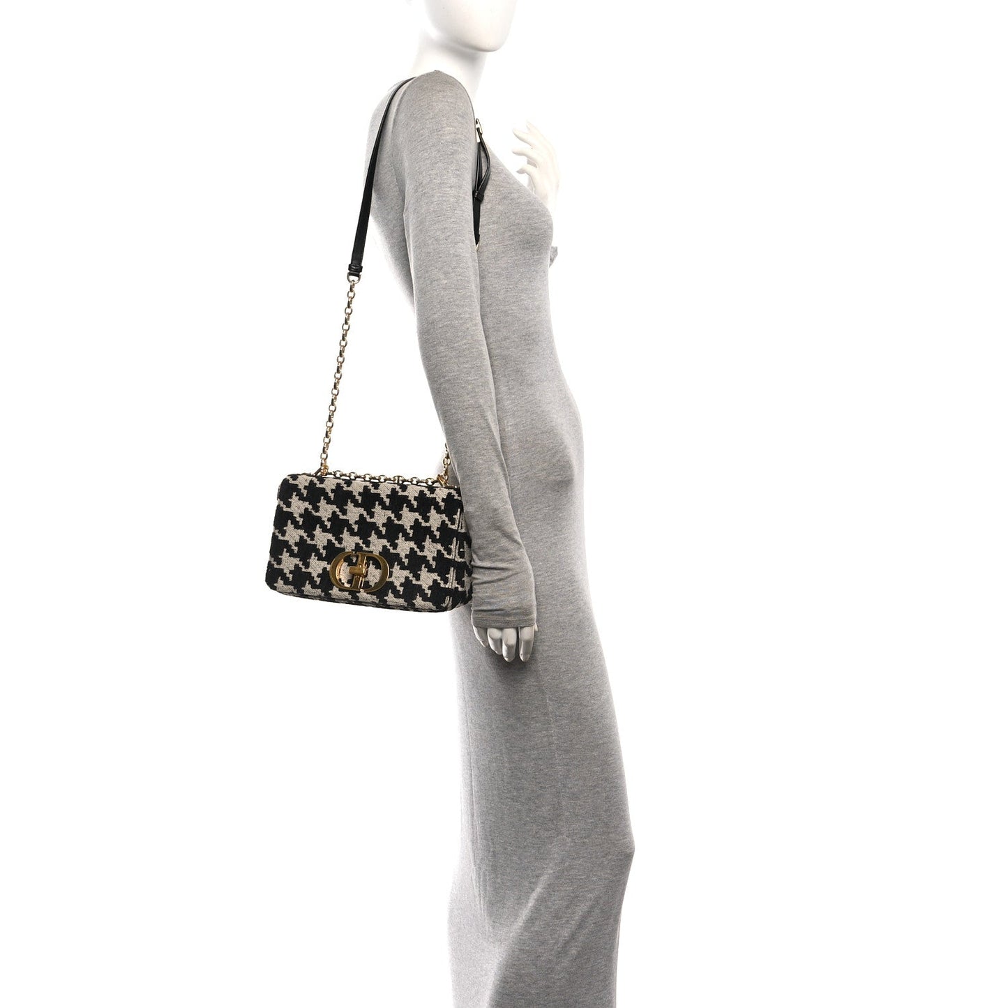 Technical Canvas Macro Houndstooth Medium Caro Bag Black White