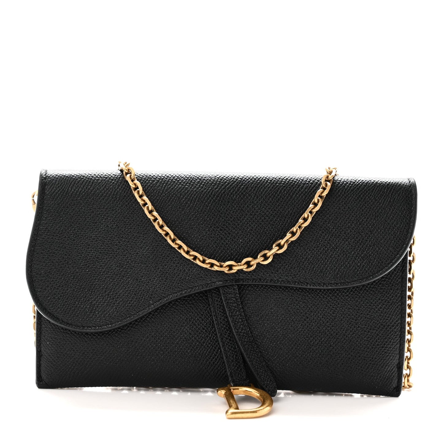 Grained Calfskin Saddle Chain Wallet Pouch Black