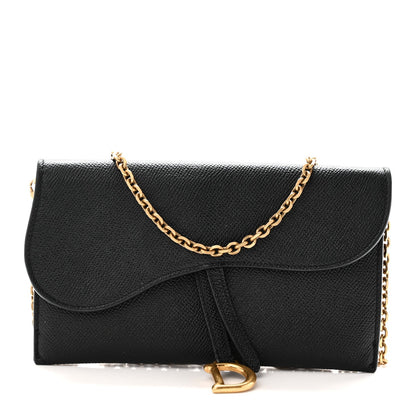 Grained Calfskin Saddle Chain Wallet Pouch Black