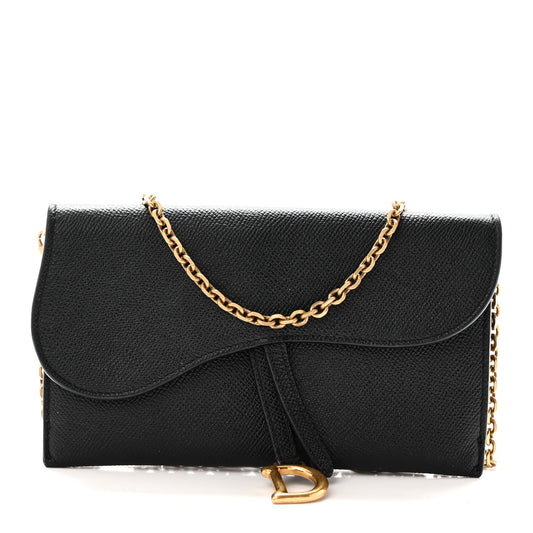 Grained Calfskin Saddle Chain Wallet Pouch Black