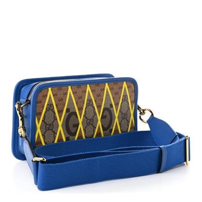 GG Supreme Monogram Mix Textured Dollar Calfskin Rhombus Inlay Crossbody Bag Beige Ebony Harvest Joy Blue