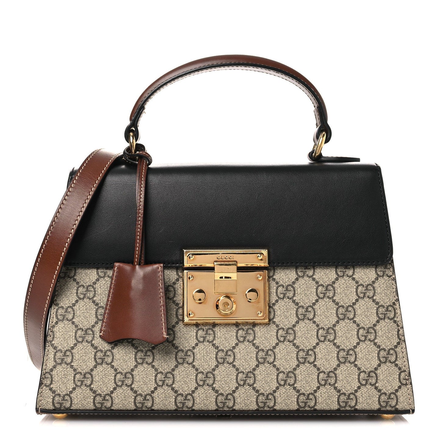GG Supreme Monogram Calfskin Small Padlock Top Handle Bag Beige Black Cuir
