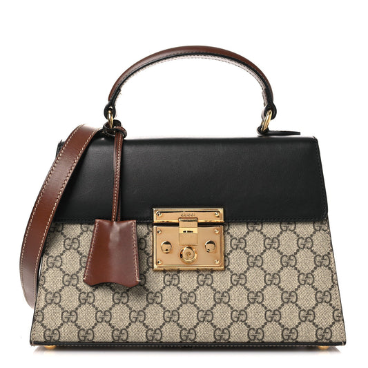 GG Supreme Monogram Calfskin Small Padlock Top Handle Bag Beige Black Cuir