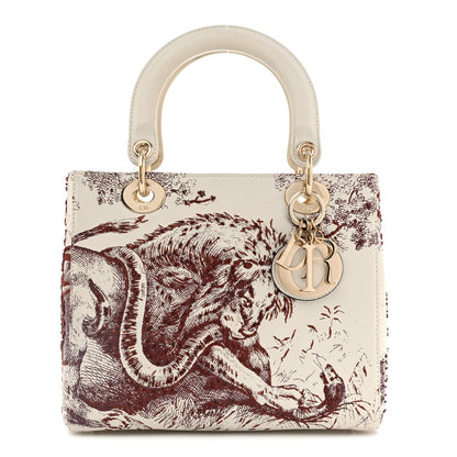 Calfskin Embroidered Medium Toile De Jouy Lady Dior White Red