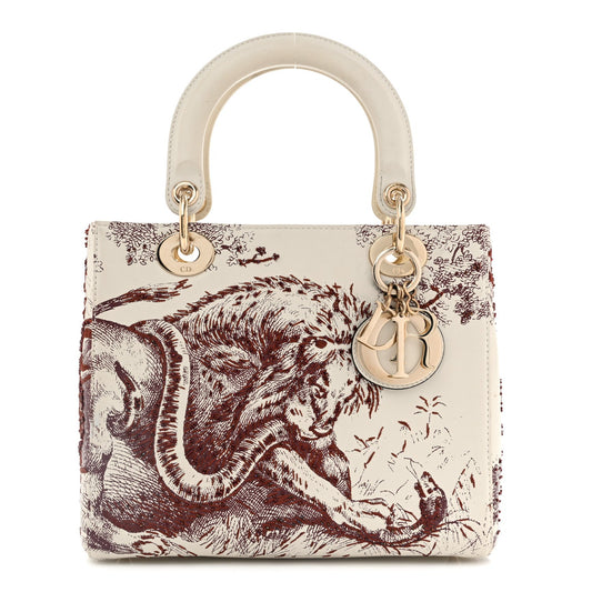 Calfskin Embroidered Medium Toile De Jouy Lady Dior White Red