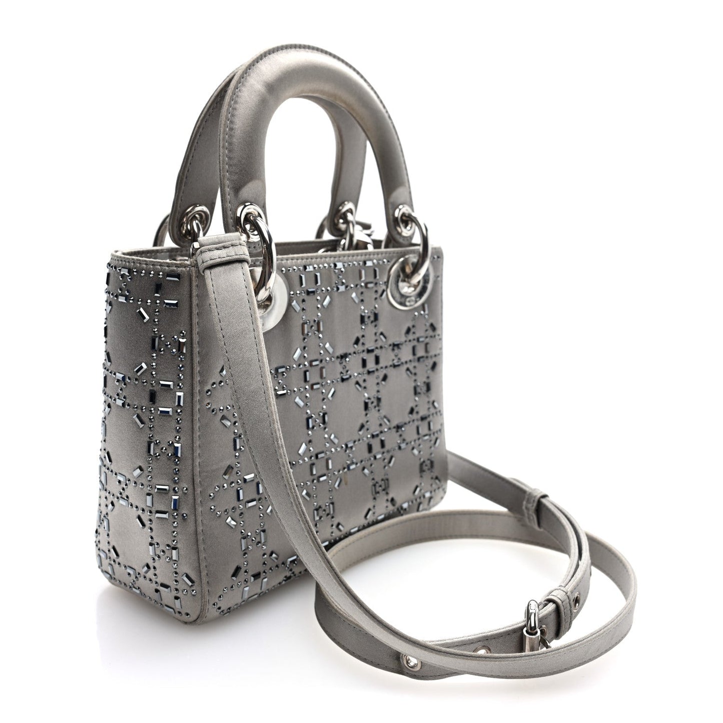 Satin Crystal Cannage Mini Lady Dior Gray
