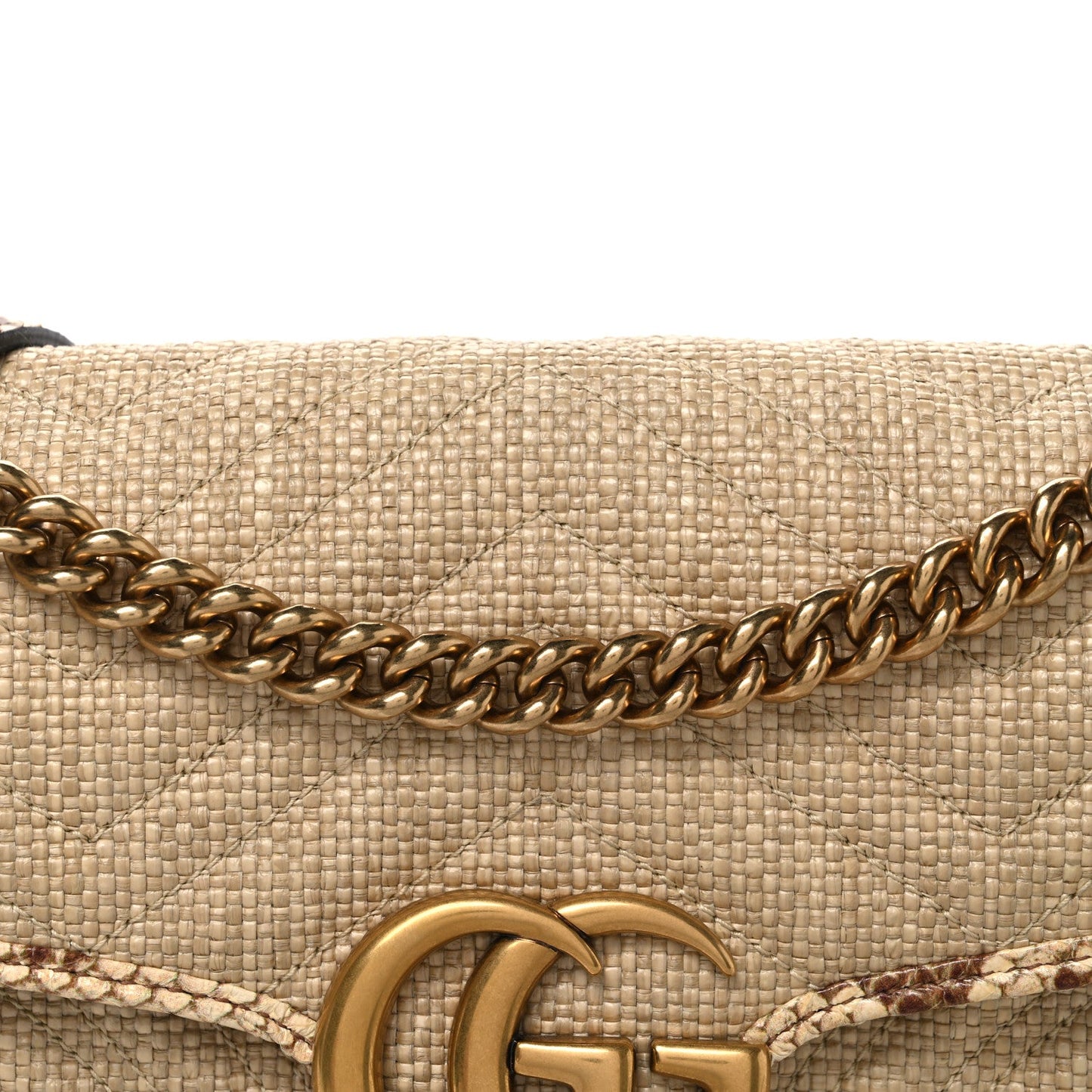 Raffia Elaphe Matelasse Small GG Marmont Shoulder Bag Natural Cream Brown