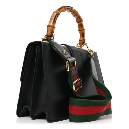 Moon Calfskin Bamboo Web Medium Dionysus Top Handle Bag Black Bright Evergreen Hibiscus Red