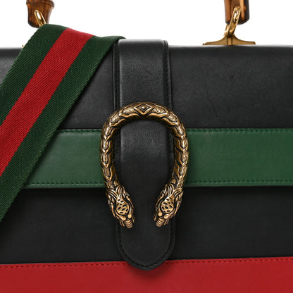 Moon Calfskin Bamboo Web Medium Dionysus Top Handle Bag Black Bright Evergreen Hibiscus Red