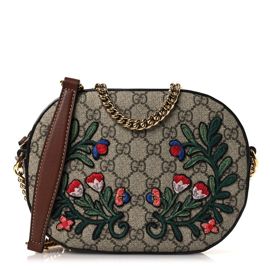 GG Supreme Monogram Floral Embroidered Mini Chain Shoulder Bag Beige Ebony Tuscany