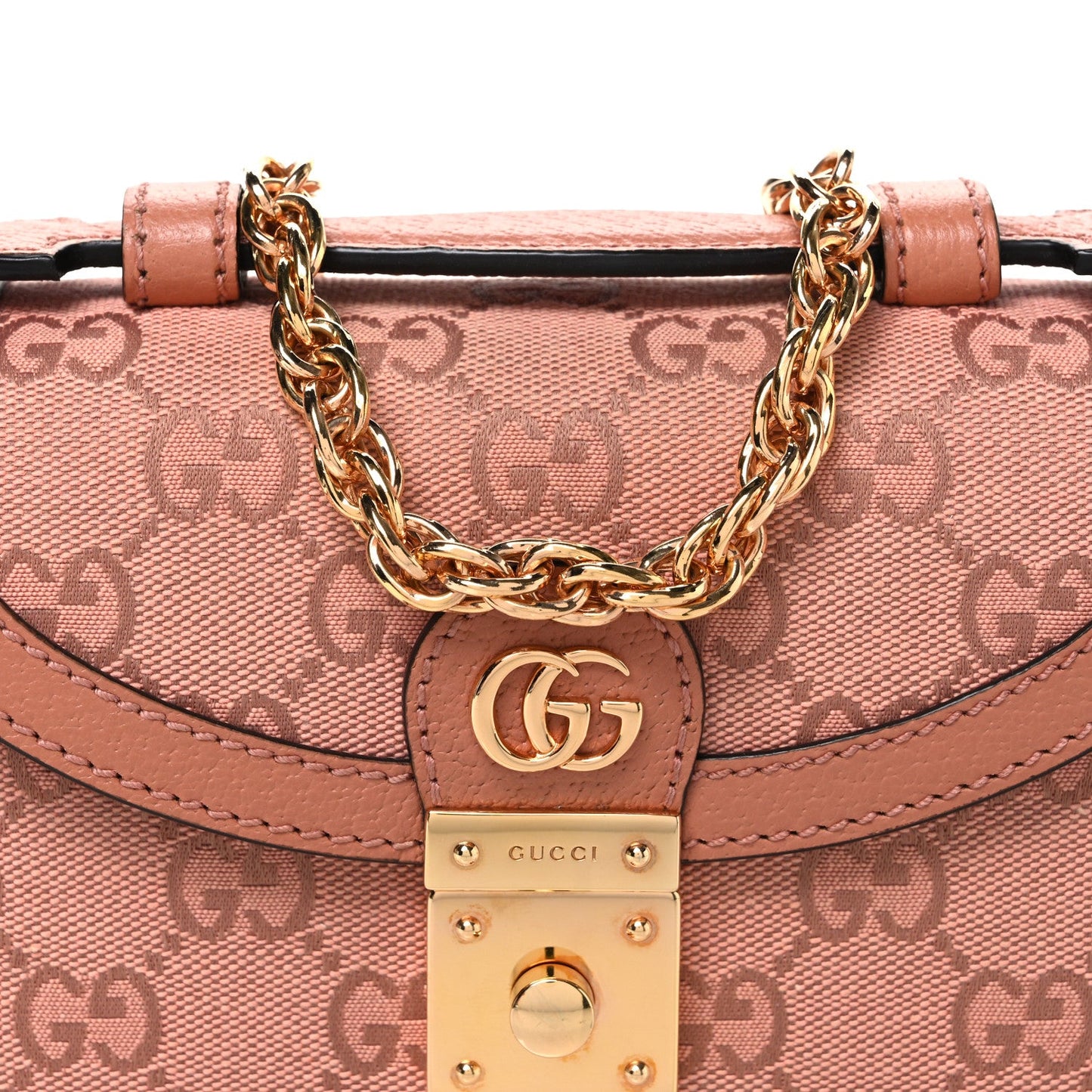 GG Monogram Textured Dollar Calfskin Mini Ophidia Padlock Top Handle Chain Shoulder Bag Cloche Rose Pink