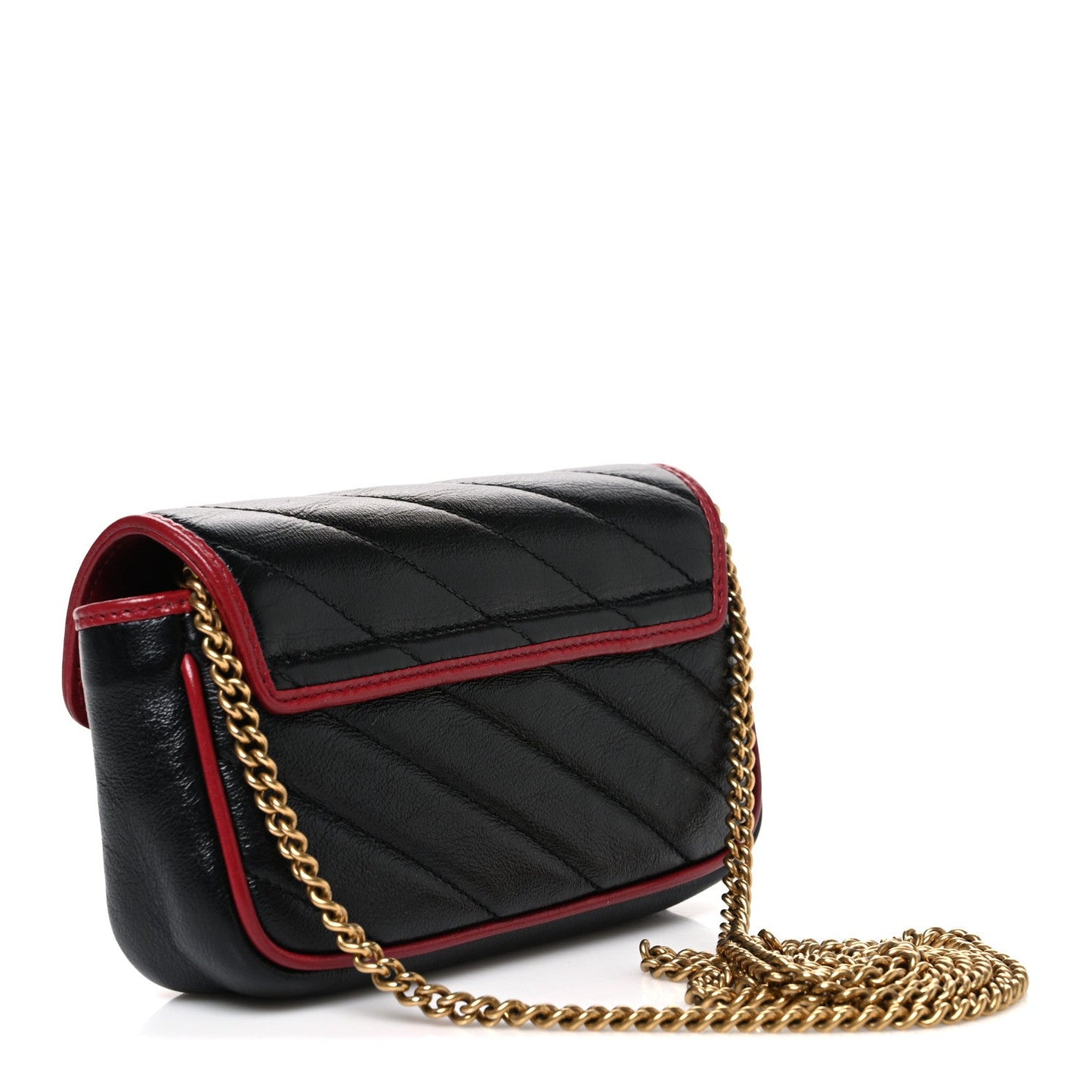Vintage Effect Calfskin Matelasse Diagonal Super Mini Torchon GG Marmont Shoulder Bag Black Romantic Cherry