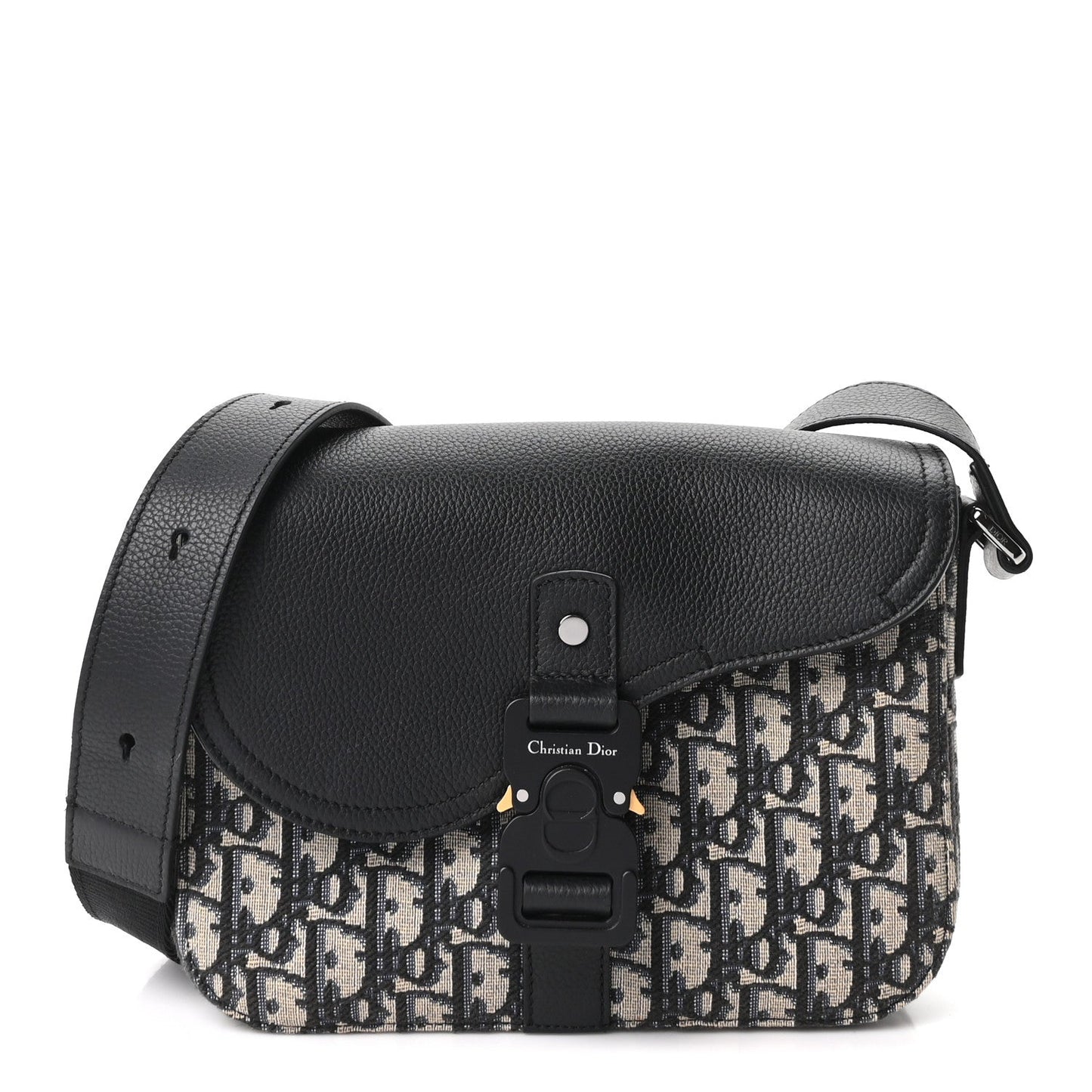 Oblique Jacquard Grained Calfskin Small Saddle Messenger Bag Beige Black