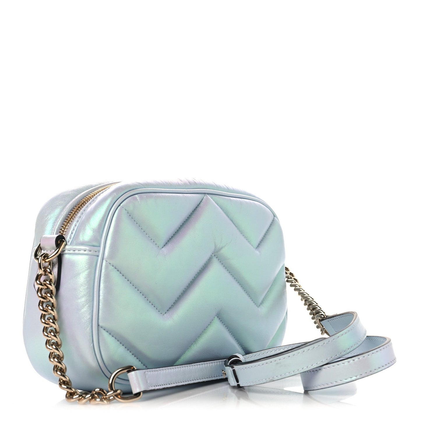 Iridescent Nappa Chevron Matelasse Small GG Marmont Chain Shoulder Bag Iridescent Snow Light Blue