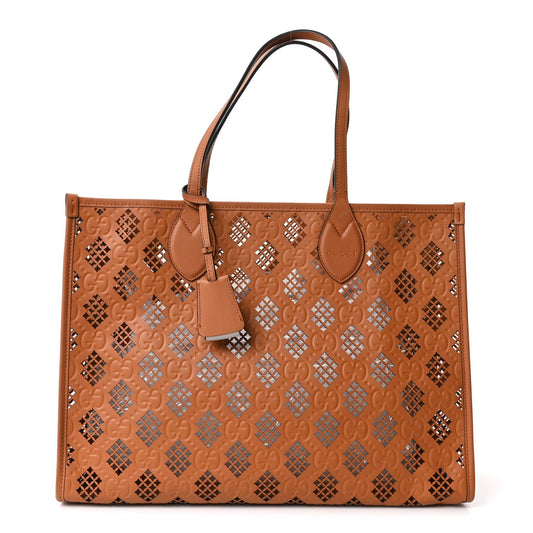 Calfskin GG Monogram Diamond Cut Medium Ophidia Tote Bag Brown