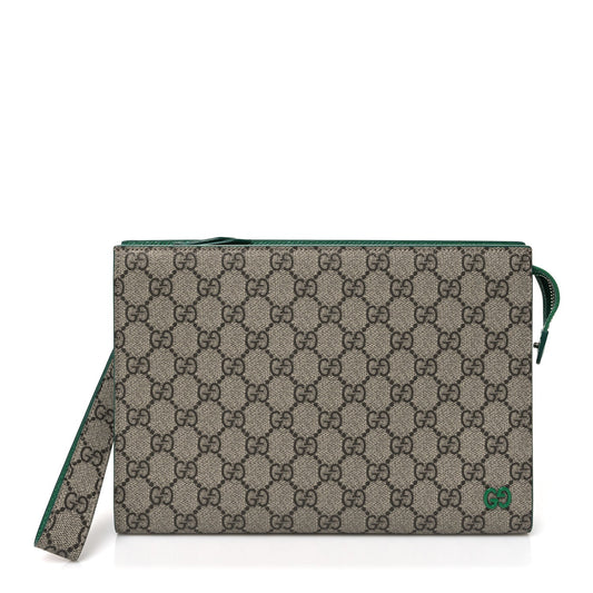 GG Supreme Monogram Bi-Color Small Zip Wristlet Pouch Beige Ebony Green