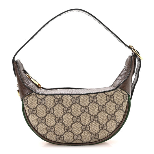 GG Supreme Monogram Textured Calfskin Web Mini Ophidia Half Moon Hobo Beige Ebony New Acero