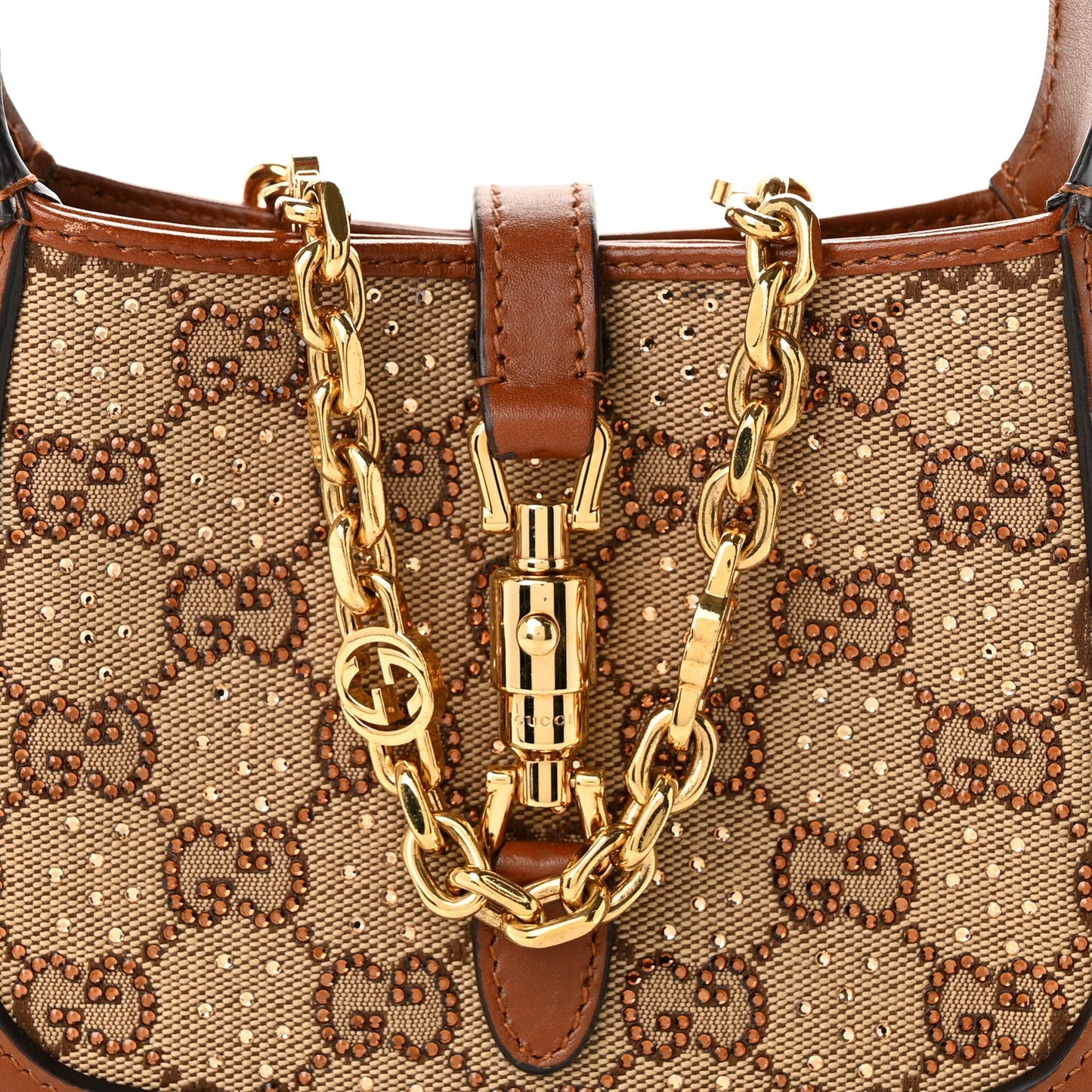 New Canvas Charisma Calfskin Crystal GG Monogram Mini Jackie 1961 Hobo Camel Ebony
