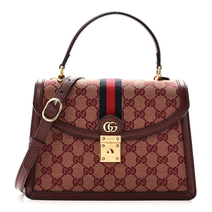 GG Supreme Monogram Textured Dollar Calfskin Web Small Ophidia Padlock Top Handle Bag Bordeaux