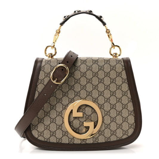 GG Supreme Monogram Textured Dollar Calfskin Web Medium Blondie Top Handle Shoulder Flap Bag Beige Ebony New Acero