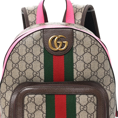 GG Supreme Monogram Textured Dollar Calfskin Web Small Ophidia Day Backpack Beige Ebony Fluorescent Fuchsia